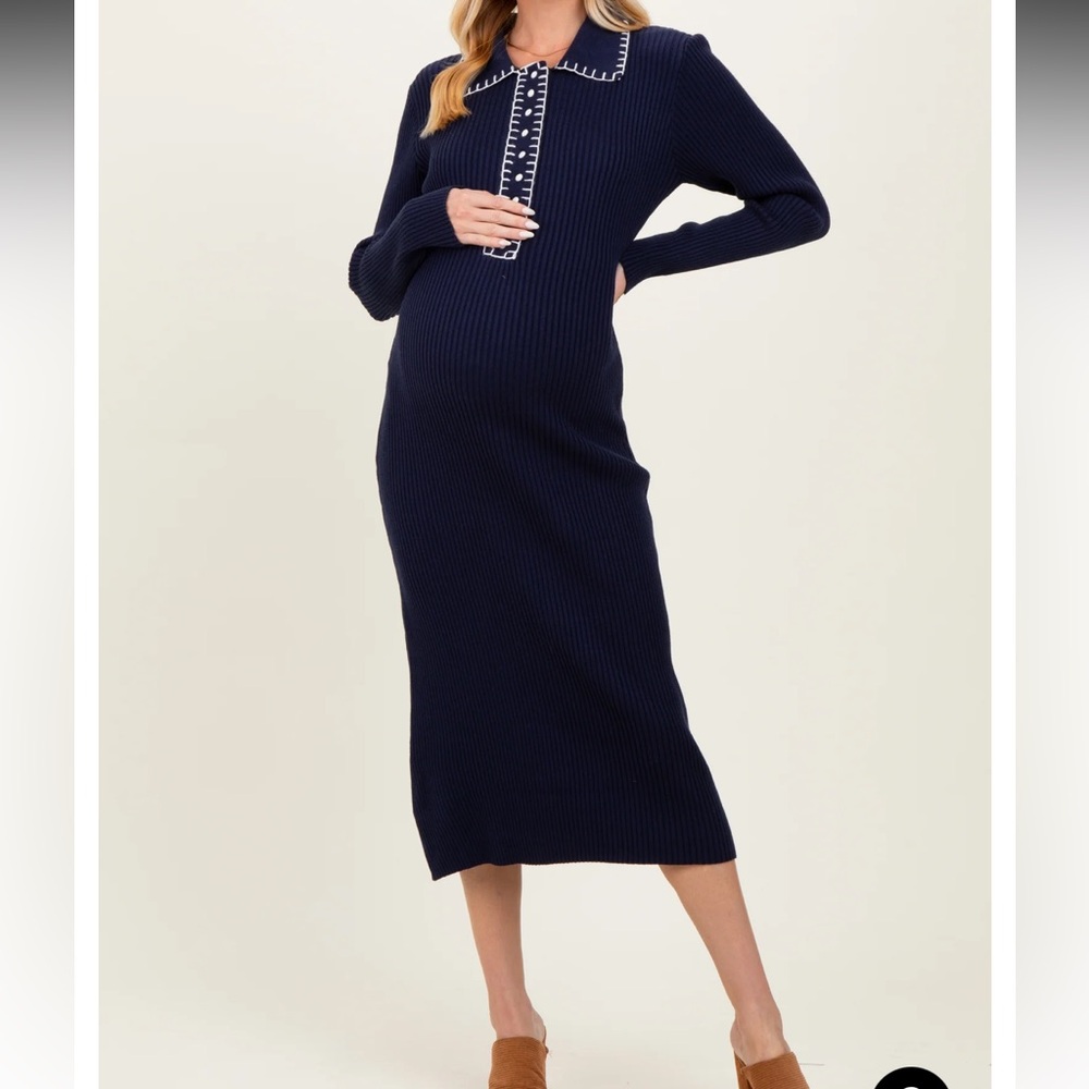 Maternity dress-Navy Ribbed Knit Polo Collar Midi Dress